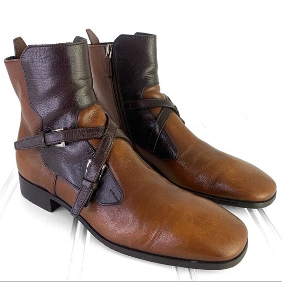 PRADA SAFFIANO BROWN SHOE  2 TONE POLISH LEATHER ANKLE BOOTS BLOCK STRAPPY MEN 6 - Picture 17 of 17